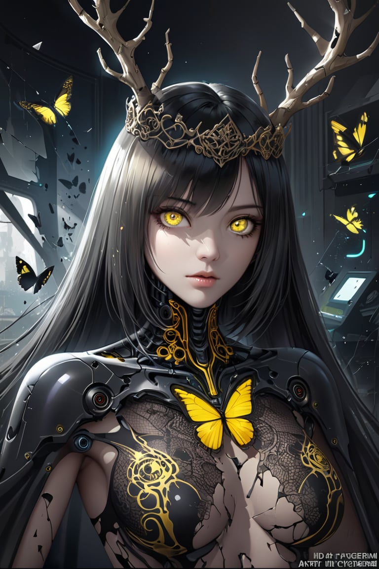 anime girl, anime waifu, anime goth girl, 1girl, 8k portrait of cyborg man with chaos hair, intricate, elegant, highly detailed, majestic, muscular, digital photography, art by artgerm and ruan jia and greg rutkowski surreal painting black butterfly filigree, broken glass, (masterpiece, side lighting, finely detailed beautiful eyes: 1.2), hdr, female, girl, sexy girl, 1man, good shape, a surreal paint splatter painting of the king in yellow wearing a cloak and a mask, antlers, crown, cosmic background, gold and white and black color scheme, a bad woman in a futuristic suit with a ((skeleton head)) ((which disintegrates)), cybernetic, cyberpunk art, computer art, detailed eyes, (highly detailed skin:1.2), (realistic lighting:1.1), (realistic shadows:1.1), ((best quality)), (detailed), 8k uhd