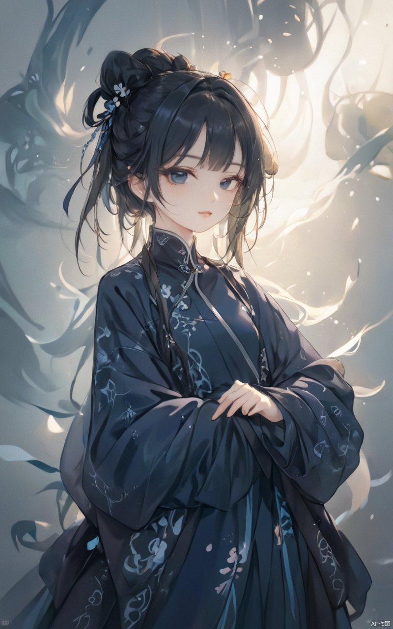  (abstract art:1.4), masterpiece, best quality, ultra high res, beautiful, visually stunning, (1girl:1.3), (dark blue theme:1.2), deep blue, cowboy shot,girl,wuxia,Chinese style,(Small chest:0.75),niji, sunlight, monkren, liuyifei