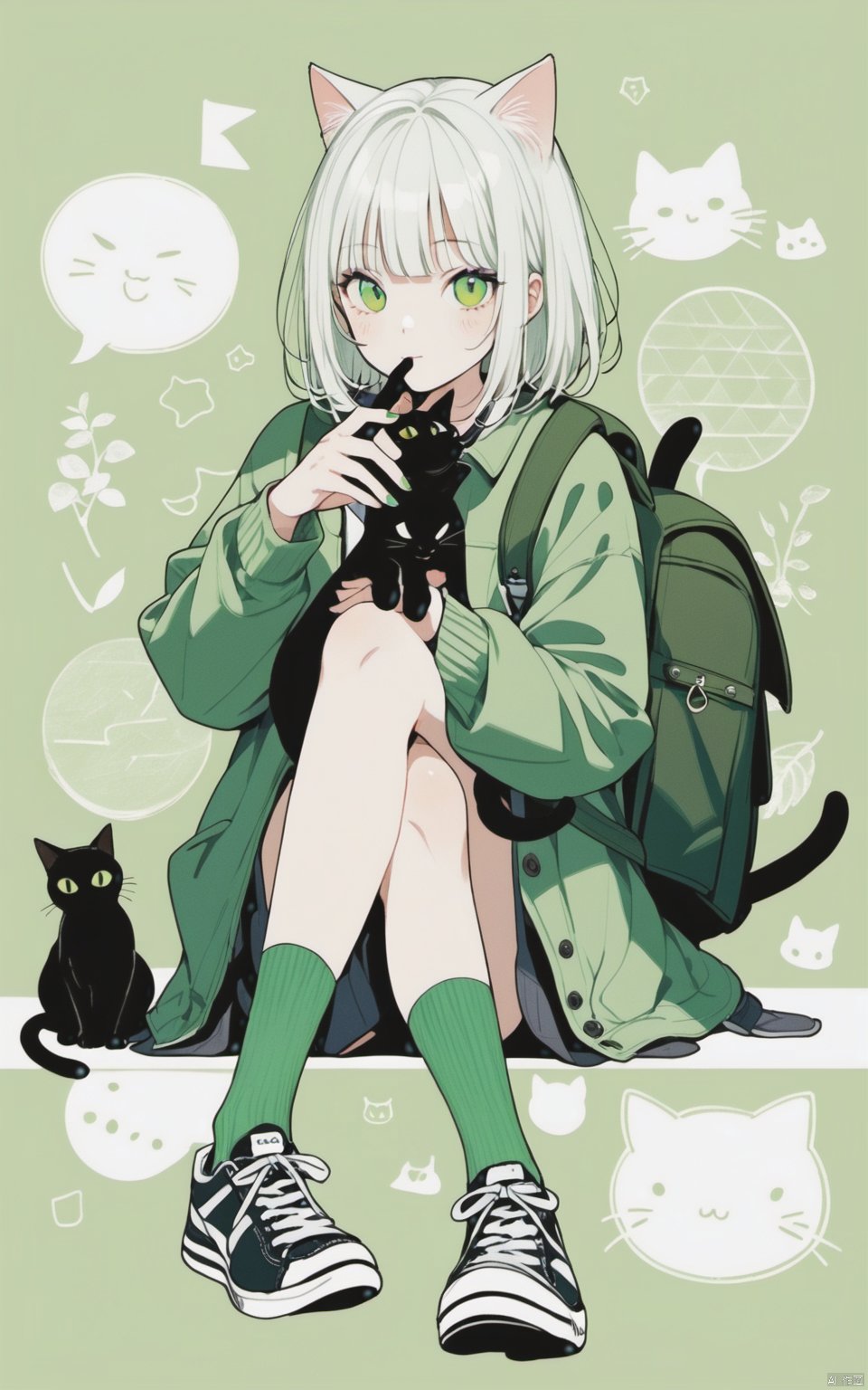  1girl, cat, green eyes, black cat, shoes, white hair, backpack, socks, looking at viewer, jacket, solo, sitting, sneakers, bag, bangs, green jacket, medium hair, animal, green theme, crossed legs, green socks, shirt,solo,moyou, Illustration , Pencil hand drawing, poakl ggll girl