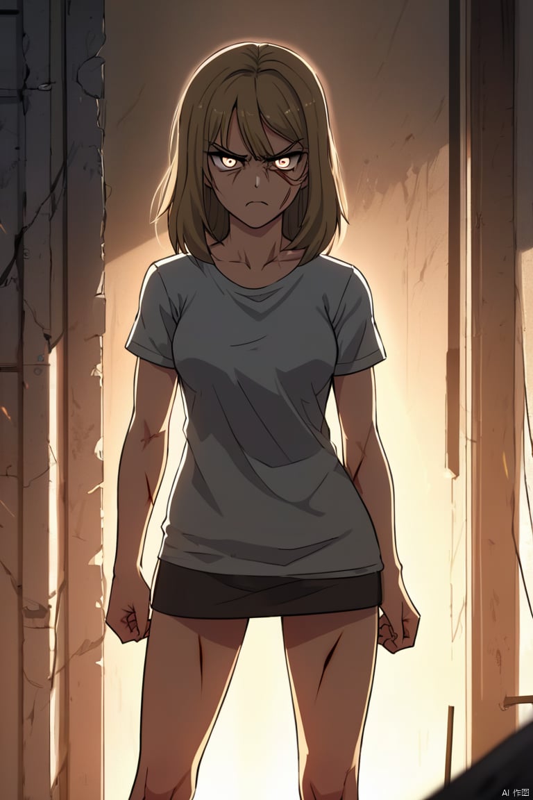 anime style, a young woman standing looking angry, mature look, scar, beautiful light, detailed, long