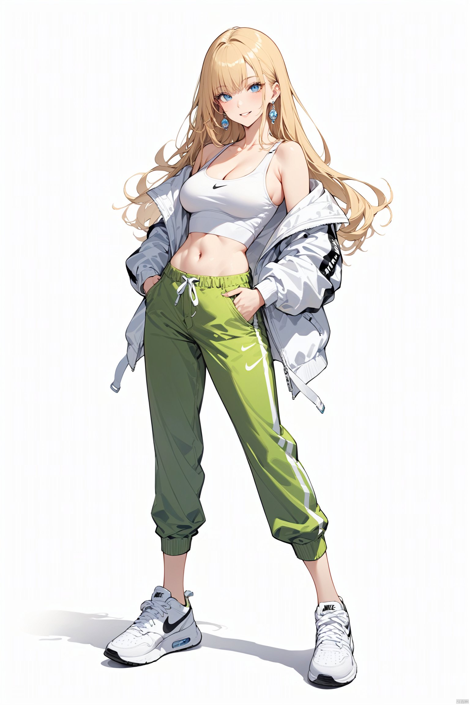  (best quality), ((masterpiece)), (highres), illustration, original, extremely detailed . ooo, 1girl, solo, long hair, breasts, white background, full body, simple background, blonde hair, sneakers, pants, shoes, blue eyes, looking at viewer, navel, white footwear, jewelry, earrings, crop top, off shoulder, midriff, jacket, hands in pockets, bare shoulders, green pants, smile, standing, cleavage, parted lips, open clothes, tank top, medium breasts, collarbone, open jacket, floating hair, nike, white jacket