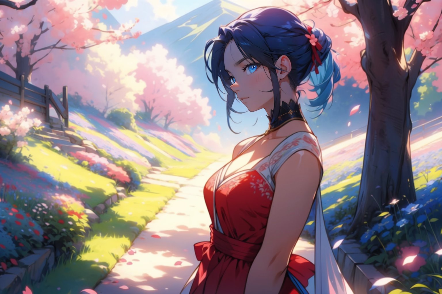 vibrant colors, female, masterpiece, sharp focus, best quality, depth of field, cinematic lighting, ((solo, one woman )), (illustration, 8k CG, extremely detailed), masterpiece, ultra-detailed, scenery, spring, blue hair, pink eyes ,red dress, field of flowers, petals, one big tree,