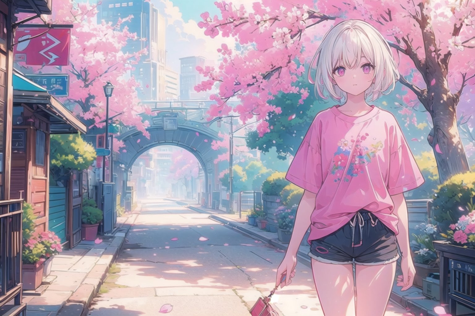 vibrant colors, female, masterpiece, sharp focus, best quality, depth of field, cinematic lighting, ((solo, one woman )), (illustration, 8k CG, extremely detailed), masterpiece, ultra-detailed, scenery, spring, flower, tree, atmosphere, white hair, pink eyes ,(red shirt;1.3),(shorts:1.2), city,street, petals 