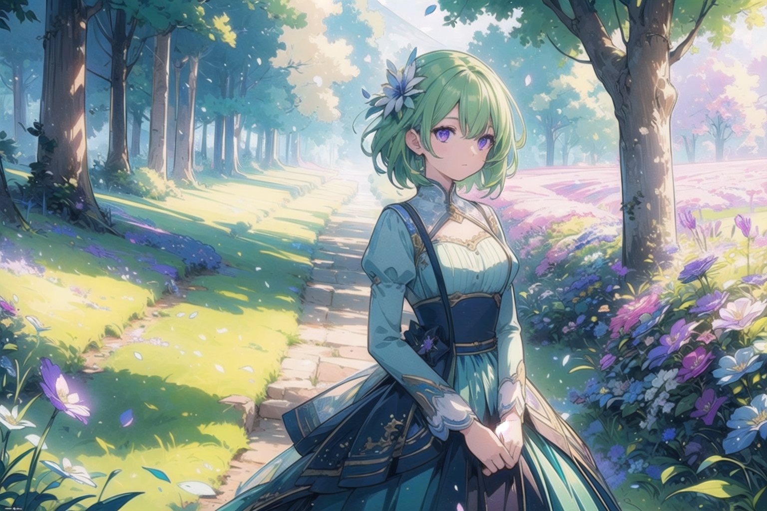 vibrant colors, female, masterpiece, sharp focus, best quality, depth of field, cinematic lighting, ((solo, one woman )), (illustration, 8k CG, extremely detailed), masterpiece, ultra-detailed, scenery, spring, flower, tree, atmosphere, green hair, purple eyes ,(blue dress;1.3), field of trees, petals 