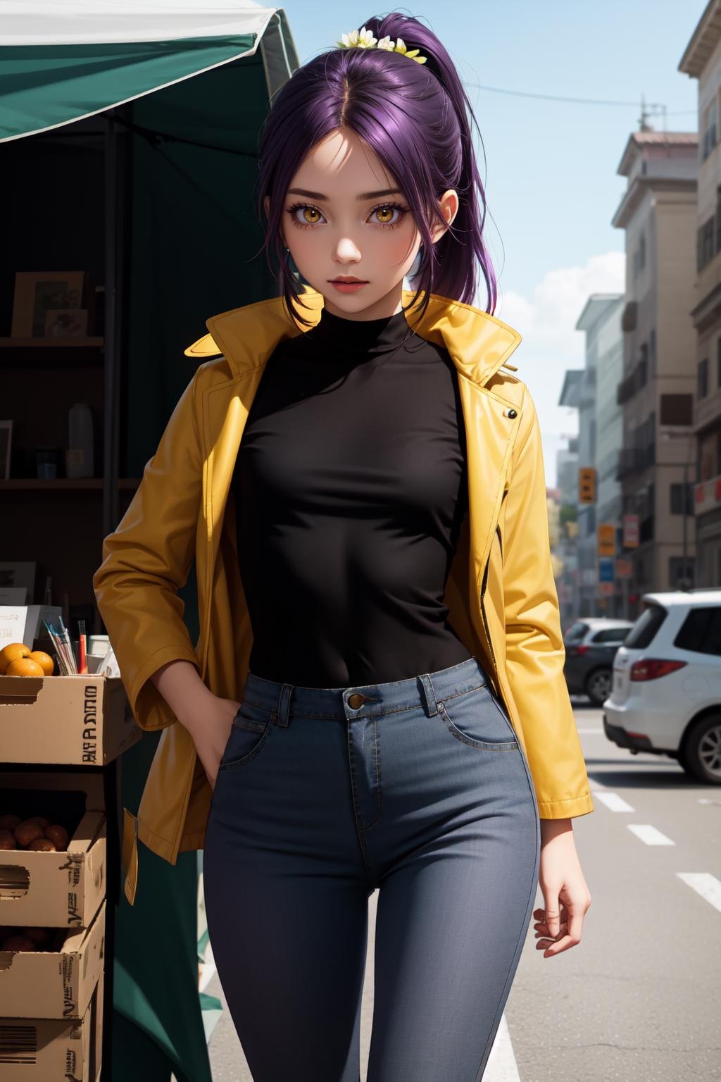 (masterpiece, best quality, SFW:1.2), keyvisual, max detail, low contrast, haloBREAK1girl, guilty, looking down, forehead, (cute, petite:1.2), flat_chest, wide hips, thighs, (violet hair, high ponytail:1.2), (yellow eyes:1.2)BREAK(see-through  striped shirt, dress flower dark orange_colored coat, grey blue pants)BREAKclose-up, leaning backBREAKoutdoors, market stall