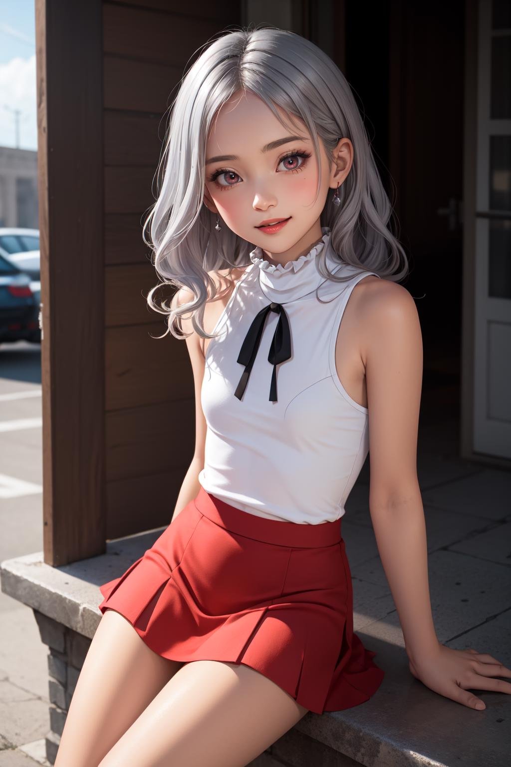 (masterpiece, best quality, SFW:1.2), evocative, crystalline, muted colors, haloBREAK1girl, :o, grin, looking at viewer, forehead, (cute, petite:1.2), flat_chest, thin legs, thick thighs, (bright silver hair, mullet, wavy hair:1.2), (medium violet red eyes:1.2)BREAK(frills  sleeveless turtleneck,  sukajan, orange_colored skirt, light brown side-tie panties)BREAKeye focus,wide shot, reachingBREAKoutdoors, drydock