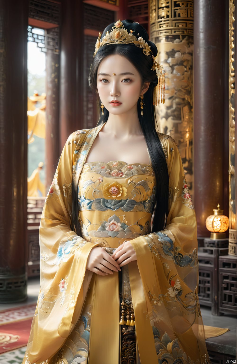 1 girl, Whole_body, (full body).(masterful), (black long hair), (Golden Embroidered Chinese Princess Dress),best quality, highest quality, extremely detailed CG unity 8k wallpaper, detailed and intricate, (chinese palace interior),Glass Elements, looking_at_viewer,chinese girls,This 8K wallpaper features a masterfully rendered CG unity image of an entire Chinese princess in the highest quality and finest detail. The girl, adorned with long black hair, is dressed in a golden Chinese princess outfit that showcases intricate patterns and textures, reflecting a level of craftsmanship befitting royal attire.In the scenario of the Queen, her hands are placed upon her chest,In the grandeur of the central hall, the Empress stands tall, embodying an awe-inspiring presence of imperial stature. Adorned in a lavish gown encrusted with jewels, her waist cinched with a belt woven from golden threads symbolizing immense power and prestige. Her head crowned with a dazzling diadem, which accentuates her noble and refined features. With her hands gently resting at her sides, every gesture conveys dignity and composure. Surrounding her are towering pillars, each etched with the marks of history. Standing amidst the passage of time, she is the very soul of the millennia-old empire, guiding the entire kingdom forward with her unwavering gaze and steady steps.<lora:EMS-322041-EMS:1.000000>