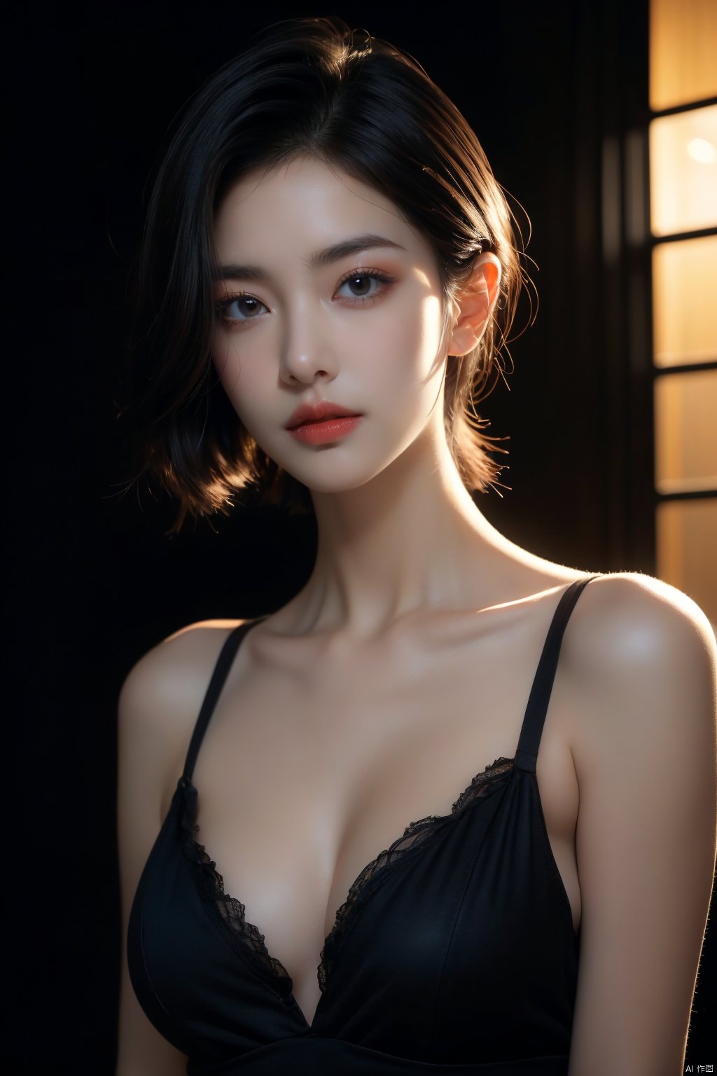  (RAW photo, best quality), (realistic, photo-realistic:1.2), 1girl,middle breasts,Cleavage,undergarments,Upper body, high quality, (high detailed skin:1.4), puffy eyes, gorgeous hair, (dark room:1.3), (rim lighting:1.3), (dimly lit:1.3), (dark night:1.3), indoors, portrait, black hair, dark background, short hair, 1 girl