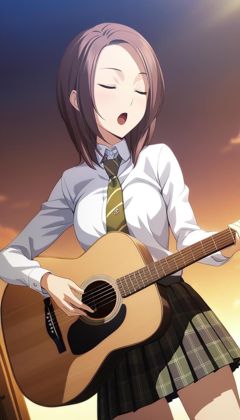 1girl,Kodou Shiina,school uniform,plaid pleated skirt,green striped necktie,playing instrument,guitar,holding,indoors,dutch angle,closed eyes,open mouth,cloud,sunset,outdoors,masterpiece,best quality,solo,game cg,(illustration:1.2),(extremely fine and beautiful),(perfect details),(unity CG 8K wallpaper:1.05),(ray tracing),(beautiful and clear background:1.25),(depth of field:0.6),(detailed beautiful eyes:1.3),(beautiful face:1.2),<lora:KodouShiinaXL:1>,