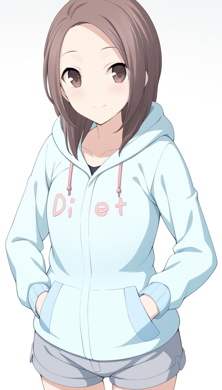 1girl,Kodou Shiina,blue hoodie,pink drawstring,grey shorts,baby blue cuff with vertical stripes,baby blue pocket on the clothes,letters on the clothes say "diet",masterpiece,best quality,game cg,blush,smile,(detailed beautiful eyes:1.2),(beautiful face:1.2),white background,simple background,close up,cowboy shot,upper body,looking at viewer,hands in the pockets,<lora:KodouShiinaXL:1>,