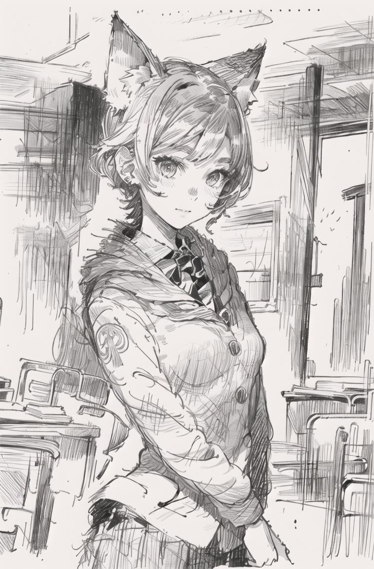 ultra detailed(sketch:1.2),graphite,( monocolour:1.3)1girl,animal ear,school uniform,classroom <lora:米古诺夫:1.5>