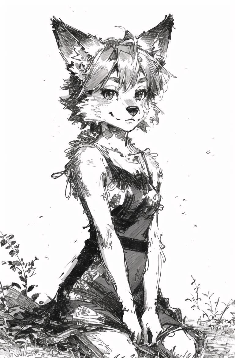 black background,ultra detailed(sketch:1.2),graphite,(monocolour:1.3), solo,on grass, furry fox girl,animal ear,dress,park, looking at viewer, <lora:RPCP:1>