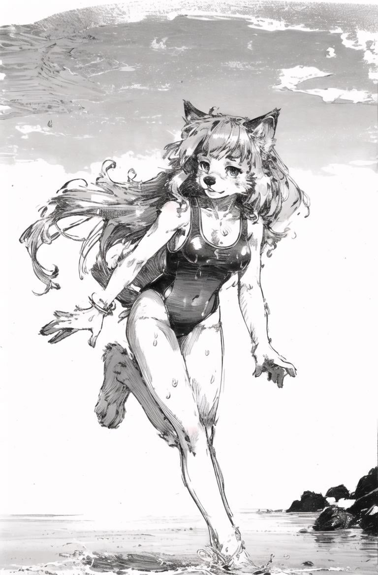 highres,sharp shading,sketch,lineart,monocolor,Migunov,high detail eyes,Dive into the water,seabed,wet,under the seafurry girl,(kid:1.3),soumao,servalcat,long hair,school swimsuit,breasts,(high detail fur :1.2),fur paws<lora:servalcat:0.5><lora:Migunov2:1>