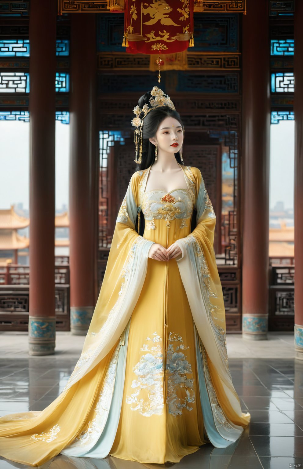 1girl,full body,cloudy_sky,scenery,architecture,horizon,pillar,solo,look at the audience,long_hair,Golden Embroidered Chinese Princess Dress,elegant and graceful beauty,A solitary girl stands regally, her full form gracing the scenery, embodying an elegant and graceful beauty. Dressed in a stunning Golden Embroidered Chinese Princess Dress, her long hair cascades down like a dark waterfall, framing her visage as she gazes directly at the audience. Her presence merges seamlessly with the cloudy sky and horizon, where billowy clouds drift overhead like celestial architecture, casting soft shadows against the pillar-like structures below. This enchanting blend of natural and architectural elements serves to accentuate her poise and allure, as if she herself were a part of the larger, breathtaking landscape.<lora:EMS-317135-EMS:0.800000>, <lora:EMS-322155-EMS:0.700000>