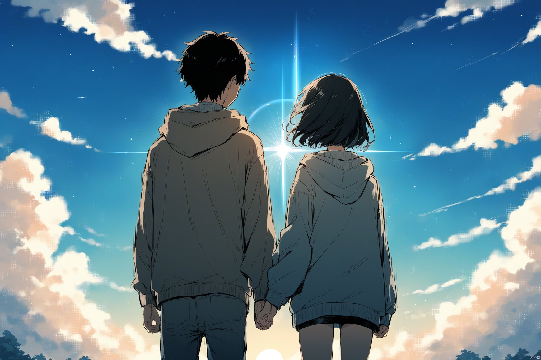 miyamizu mitsuha, 1boy, cloud, 1girl, sky, hood, short hair, diffraction spikes, hoodie, black hair, standing