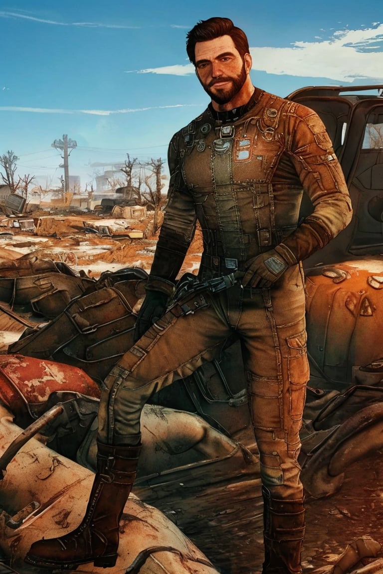 solo male, realistic, Paladin Danse, Fallout 4, short hair, warm black hair, light brown eyes, beard, orange-gray Brotherhood of Steel uniform, orange-gray bodysuit, gloves, boots, mature, handsome, charming, alluring, standing, upper body, perfect anatomy, perfect proportions, best quality, masterpiece, high_resolution, dutch angle, cowboy shot, photo background, ruined overhead interstate, Fallout 4 location, post-apocalyptic ruins, desolated landscape, dark blue sky