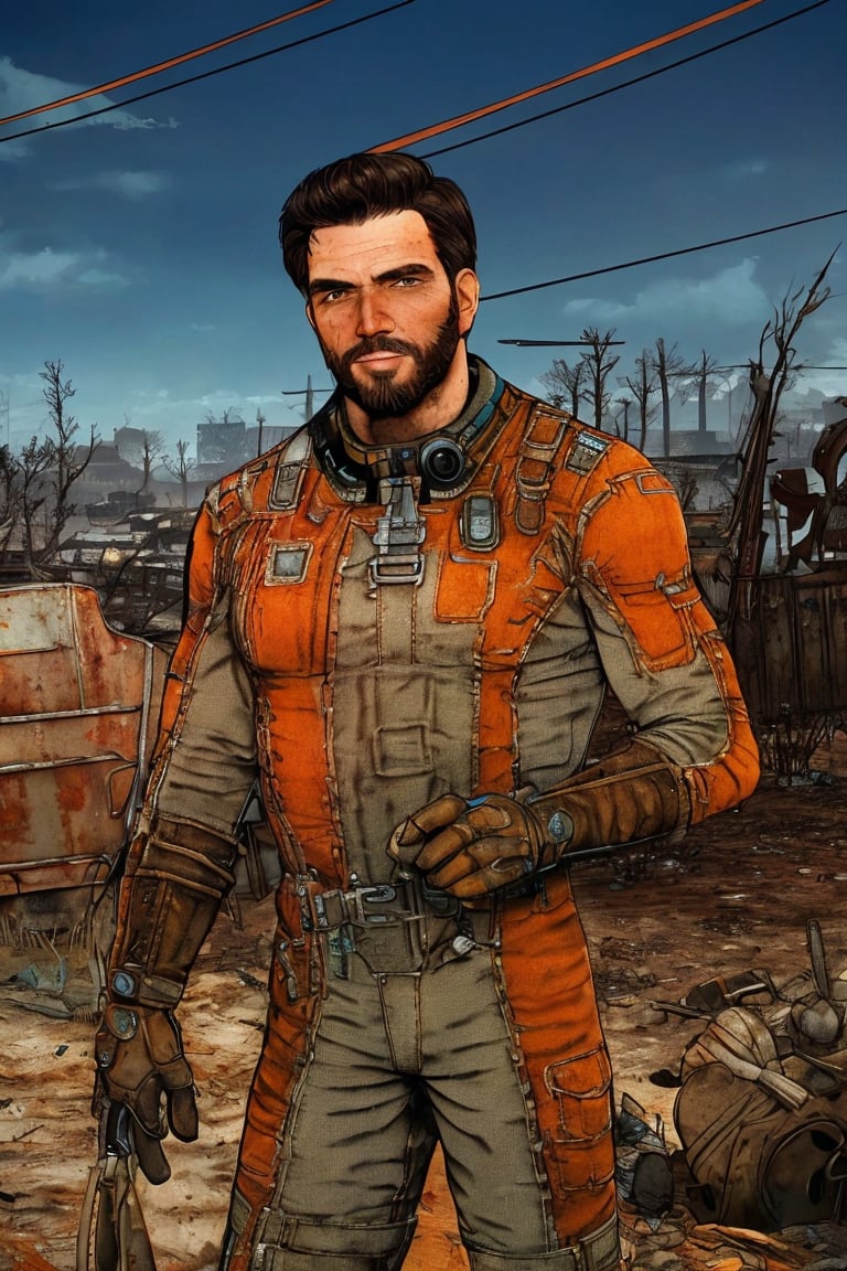 solo male, realistic, Paladin Danse, Fallout 4, short hair, warm black hair, light brown eyes, beard, orange-gray Brotherhood of Steel uniform, orange-gray bodysuit, gloves, boots, mature, handsome, charming, alluring, standing, upper body, perfect anatomy, perfect proportions, best quality, masterpiece, high_resolution, dutch angle, cowboy shot, photo background, ruined overhead interstate, Fallout 4 location, post-apocalyptic ruins, desolated landscape, dark blue sky