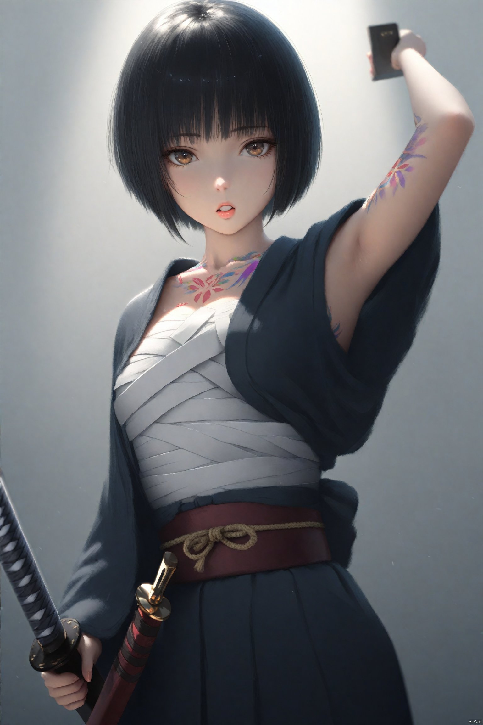 2023 Era,(masterpiece),(best quality),illustration,ultra detailed,hdr,Depth of field,(colorful),wlop, Thick Painting Style, tattoo, solo, 1girl, unsheathing, sarashi, black_hair, short_hair, weapon, sword, looking_at_viewer, sheath, japanese_clothes, parted_lips, holding_weapon, holding, holding_sword, kimono, katana, hadanugi_dousa, upper_body, armpits, brown_eyes, bangs, arm_up, chest_tattoo