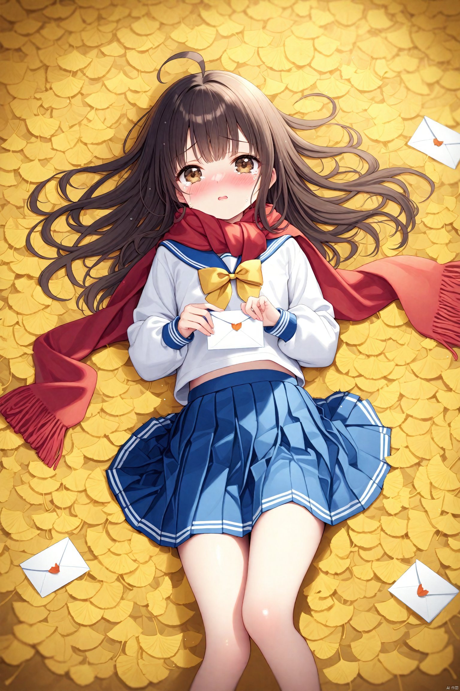  2023 Era,(masterpiece),(best quality),illustration,ultra detailed,hdr,Depth of field,(colorful),loli,1girl, solo, school uniform, skirt, scarf, lying, serafuku, on back, long sleeves, autumn, blue skirt, looking at viewer, sailor collar, bow, brown eyes, long hair, tears, autumn leaves, bangs, blue sailor collar, shirt, parted lips, pleated skirt, white shirt, envelope, ahoge, blurry, red scarf, black hair, crying, leaf, letter, crying with eyes open, yellow bow, outdoors, brown hair, bowtie, ginkgo leaf, from above, tearing up, blush
