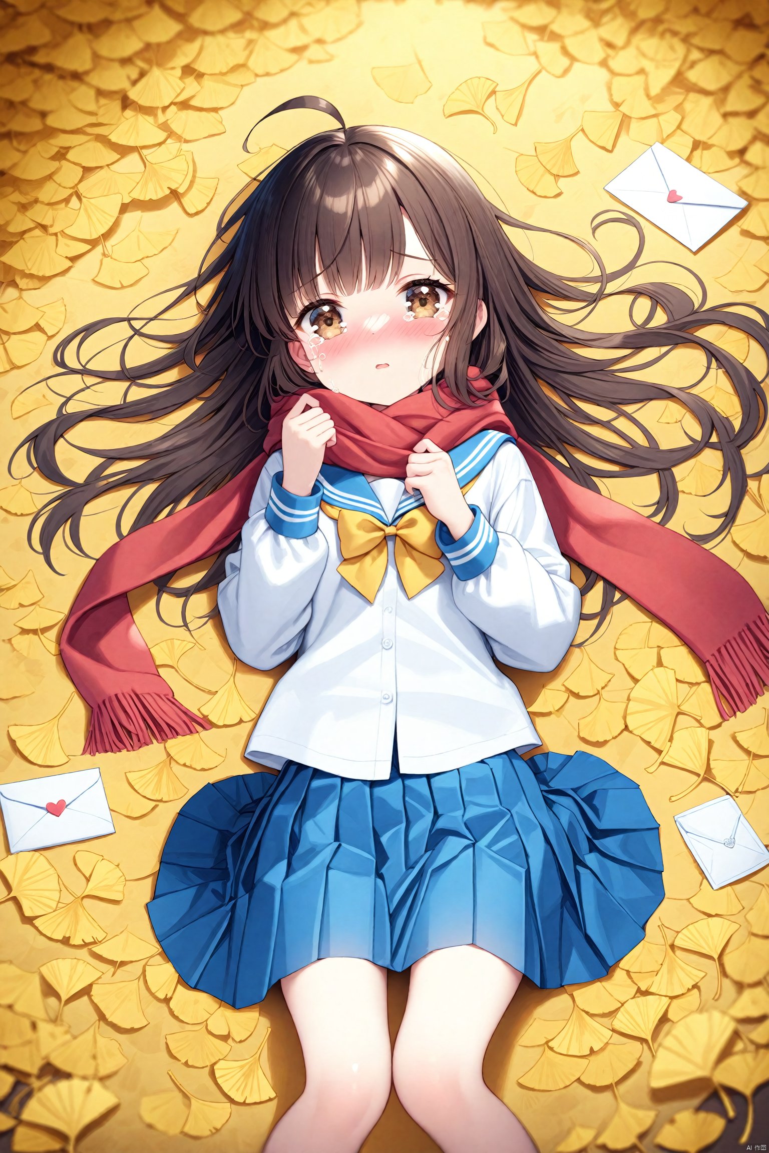  2023 Era,(masterpiece),(best quality),illustration,ultra detailed,hdr,Depth of field,(colorful),loli,1girl, solo, school uniform, skirt, scarf, lying, serafuku, on back, long sleeves, autumn, blue skirt, looking at viewer, sailor collar, bow, brown eyes, long hair, tears, autumn leaves, bangs, blue sailor collar, shirt, parted lips, pleated skirt, white shirt, envelope, ahoge, blurry, red scarf, black hair, crying, leaf, letter, crying with eyes open, yellow bow, outdoors, brown hair, bowtie, ginkgo leaf, from above, tearing up, blush
