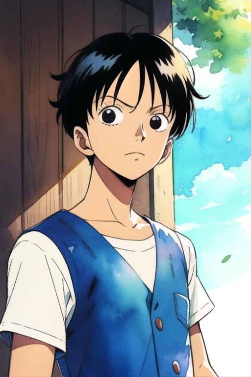 masterpiece, best quality, game cg, 1boy, black hair, black eyes, monkey d. luffy, solo, looking at viewer, upper body, depth of field, (watercolor illustration, soft pastel colors:1.1), realistic, Moonbeam, , <lora:one_piece_style:0.8>, one_piece_style