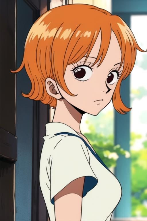 masterpiece, best quality, , 1girl, orange hair, nami \(one piece\), solo, looking at viewer, upper body, depth of field, , , Alcove, , <lora:one_piece_style:0.94>, one_piece_style