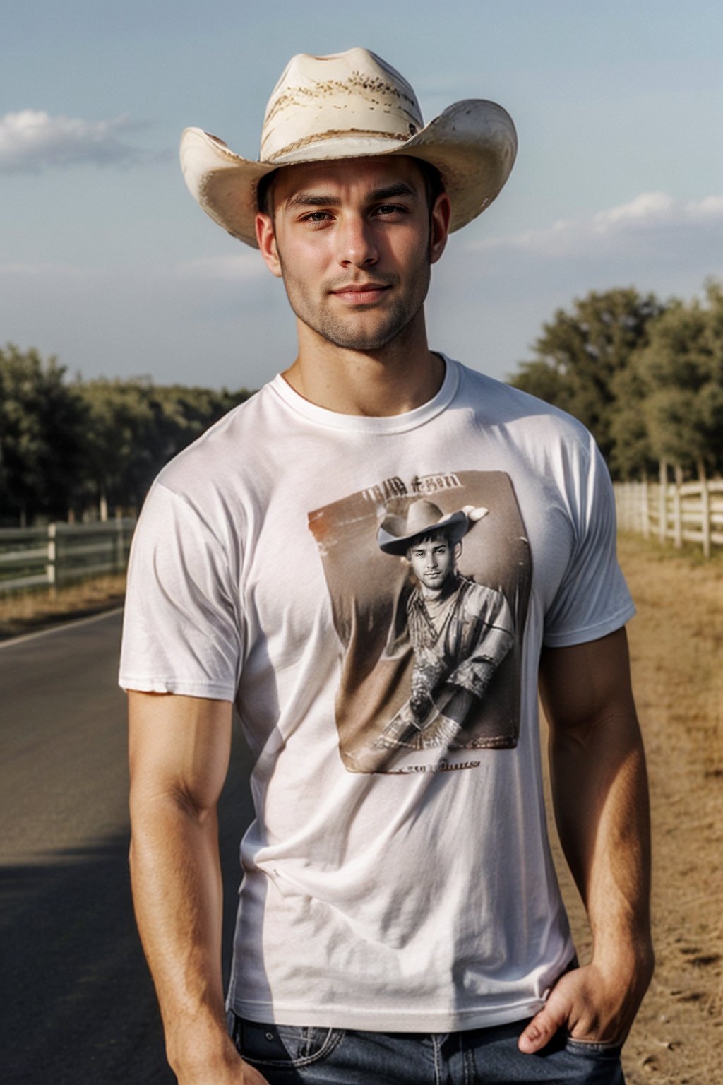  Photo upper body, skin clear, 8k, high_resolution, Masterpiece, background simple, looking at viewer,Youngman, cowboy hat ,1boy, ,Youngman ,Handsome guy,Julian, t-shirt 