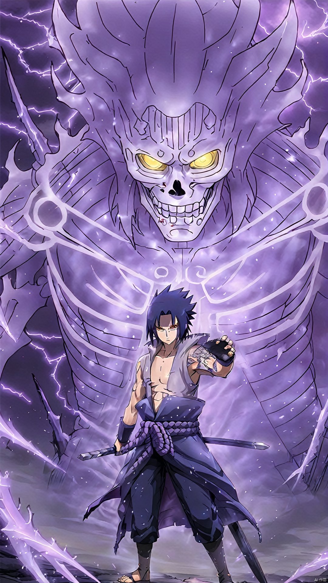 ash,(Anime Style: 1.5) Wide Shot (Golden Color Art) (Simple Details) The image of Susanoo and Sasuke in the skeleton stage is impressive. Susanoo takes on a frightening appearance at this stage. Its armor looks decayed and damaged, full of a sense of decadence. The mysterious runes on the armor glowed with a dark purple light. Xu Nenghu's head was still covered by the hood, but at this time, the eyes under the hood looked colder and more incredible, and his eyes seemed to contain more wisdom. Its sword becomes more twisted, and a skull pattern may appear on the blade, ash