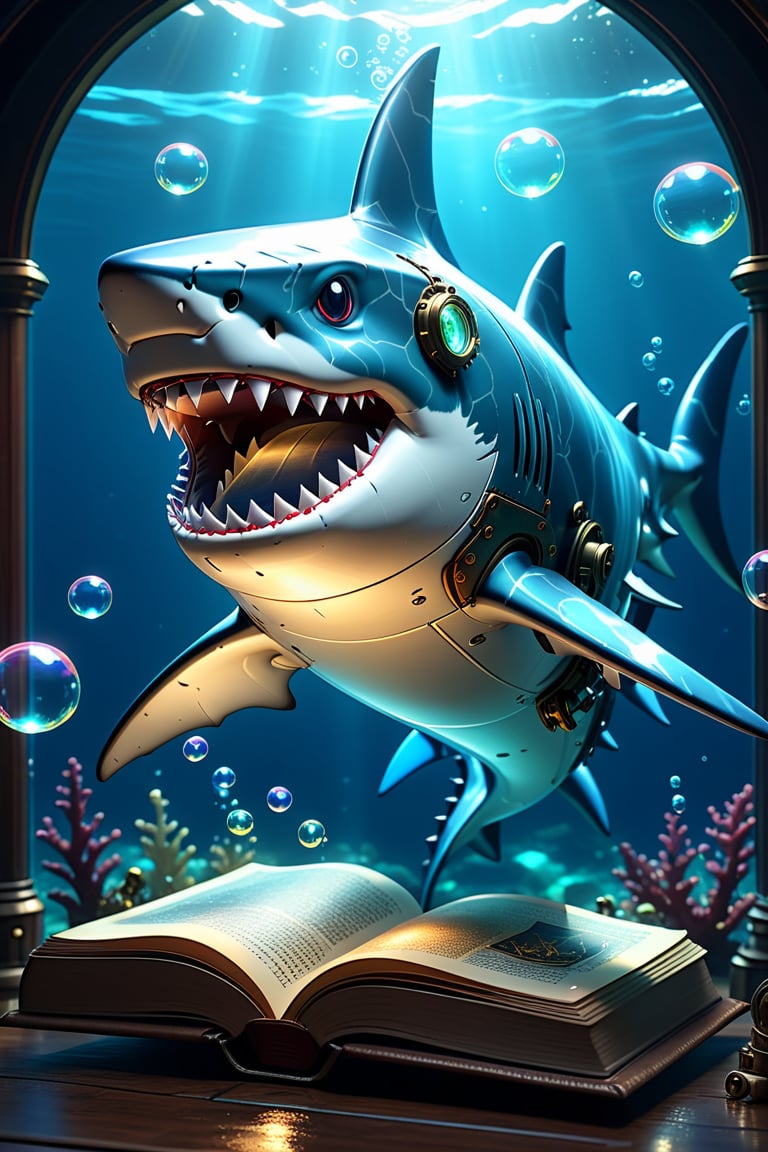 pixar style of a transparent mecha ((shark)), steampunk, cute, ((( luminous))), in the ocean, reading a magic book , bubbles, angry, high detailed, photorealistic, 8k