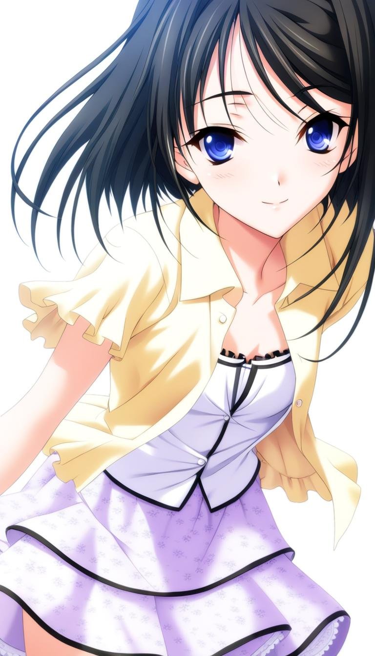 1girl,Mishima Kazuki,floral print purple skirt with black trim,yellow frilled shirt,open shirt,masterpiece,best quality,solo,game cg,blush,smile,(illustration:1.2),(extremely fine and beautiful),(perfect details),(unity CG 8K wallpaper:1.05),(ray tracing),(detailed beautiful eyes:1.3),(beautiful face:1.2),white background,simple background,close up,cowboy shot,looking at viewer,<lora:MishimaKazukiXLK:1>,