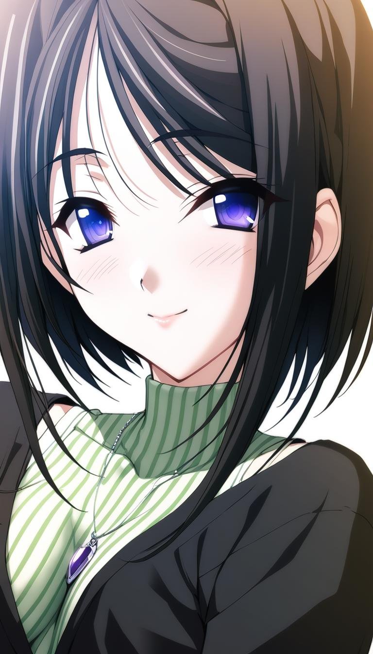 1girl,Mishima Kazuki,green vertical striped sleeveless turtleneck,black jacket,purple gem necklace,lock button on the clothes,masterpiece,best quality,solo,game cg,blush,smile,(detailed beautiful eyes:1.2),(beautiful face:1.2),white background,simple background,close up,cowboy shot,looking at viewer,<lora:MishimaKazukiXL:1>,