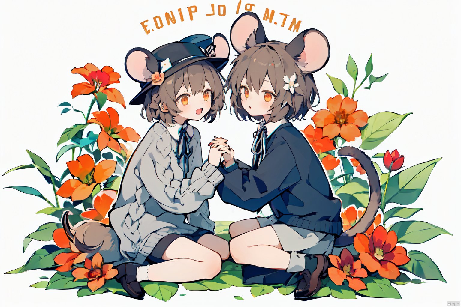  1girl, short hair, open mouth, skirt, brown hair, shirt, hair ornament, long sleeves, hat, ribbon, holding, animal ears, brown eyes, sitting, tail, full body, flower, socks, black footwear, sweater, orange eyes, black shirt, neck ribbon, holding hands, white flower, red flower, interlocked fingers, white ribbon, mouse ears, tail ornament, mouse tail,Line coated