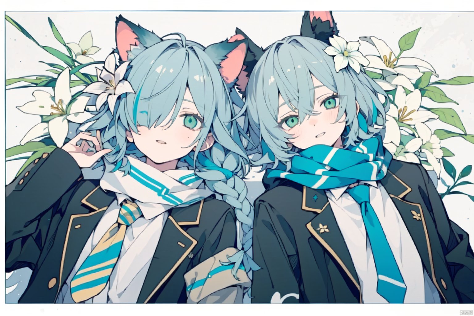 looking at viewer, smile, open mouth, bangs, blue eyes, multiple girls, shirt, hair ornament, long sleeves, 2girls, animal ears, school uniform, green eyes, blue hair, jacket, white shirt, braid, flower, grey hair, multicolored hair, lying, parted lips, green hair,  open clothes, necktie, collared shirt, virtual youtuber, hood,  on back, scarf, hair over one eye, open jacket, streaked hair, black jacket, sleeves past wrists, sleeping, hood down, white flower, letterboxed, black necktie, Line