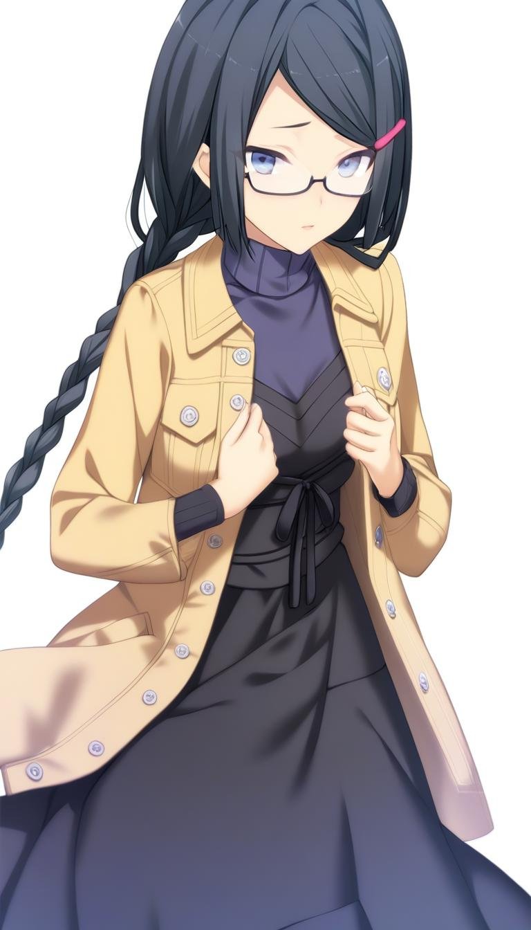 1girl,Himuraki Mizuha,yellow jacket,black long dress,purple turtleneck,black ribbon with peach jewelry on the chest,long braid,peach hairclip,semi-rimless eyewear,pocket,white background,simple background,masterpiece,best quality,game cg,blush,(detailed beautiful eyes:1.2),(beautiful face:1.2),<lora:HimurakiMizuhaXLK:1>,