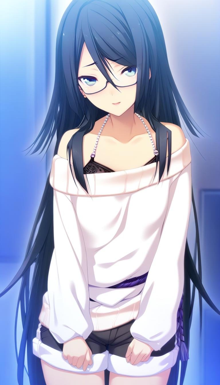 1girl,Himuraki Mizuha,white sweater, black bra, black bra under the sweater, black shorts, purple ribbon belt,  jewelry halterneck, semi-rimless eyewear,masterpiece,best quality,game cg,blush,(detailed beautiful eyes:1.2),(beautiful face:1.2),<lora:HimurakiMizuhaXLK:1>,