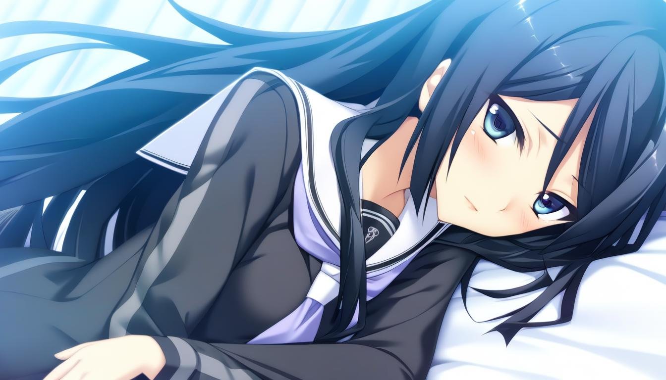 1girl,Himuraki Mizuha,school uniform,gray lines on the sleeves,1girl,close up,looking at viewer,  bed sheet, crossed arms,upper body,bed,shiny,animal,shiny hair,very long hair,on sidesmile,lying,masterpiece,best quality,game cg,blush,(detailed beautiful eyes:1.2),(beautiful face:1.2),<lora:HimurakiMizuhaXLK:1>,