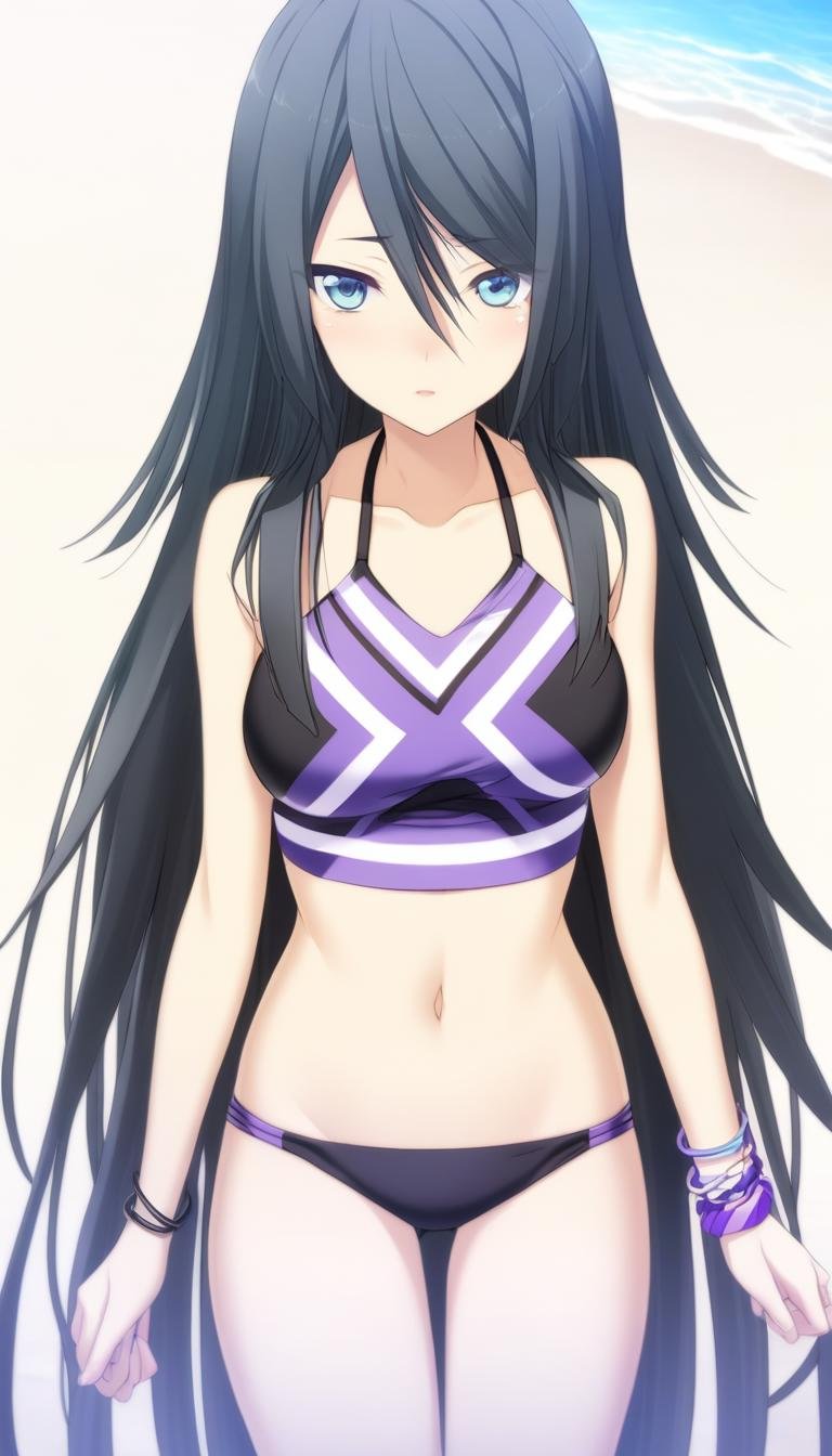 1girl,Himuraki Mizuha,purple and black bikini,purple wristband and bracelet on one hand,navel,collarbone,bare legs,midriff,black white and purple cross pattern,black halterneck,beach,outdoors,masterpiece,best quality,game cg,blush,(detailed beautiful eyes:1.2),(beautiful face:1.2),<lora:HimurakiMizuhaXLK:1>,