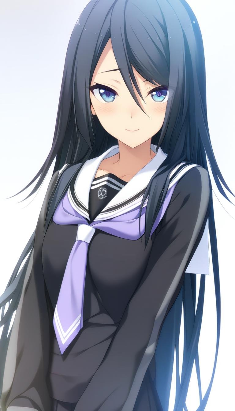 1girl,Himuraki Mizuha,school uniform,black serafuku,gray lines on the sleeves,purple tie is decorated with two white stripes,masterpiece,best quality,game cg,blush,smile,(detailed beautiful eyes:1.2),(beautiful face:1.2),<lora:HimurakiMizuhaXLK:1>,white background,simple background,close up,cowboy shot,upper body,looking at viewer, 