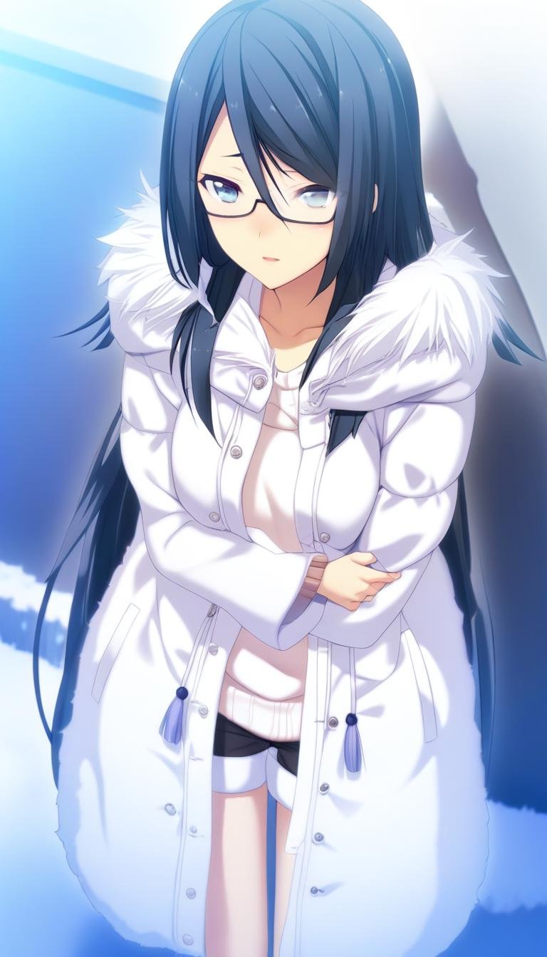 1girl,Himuraki Mizuha,white fur-trimmed coat,white sweater,black shorts,semi-rimless eyewear,open coat,masterpiece,best quality,game cg,blush,(detailed beautiful eyes:1.2),(beautiful face:1.2),<lora:HimurakiMizuhaXLK:1>,