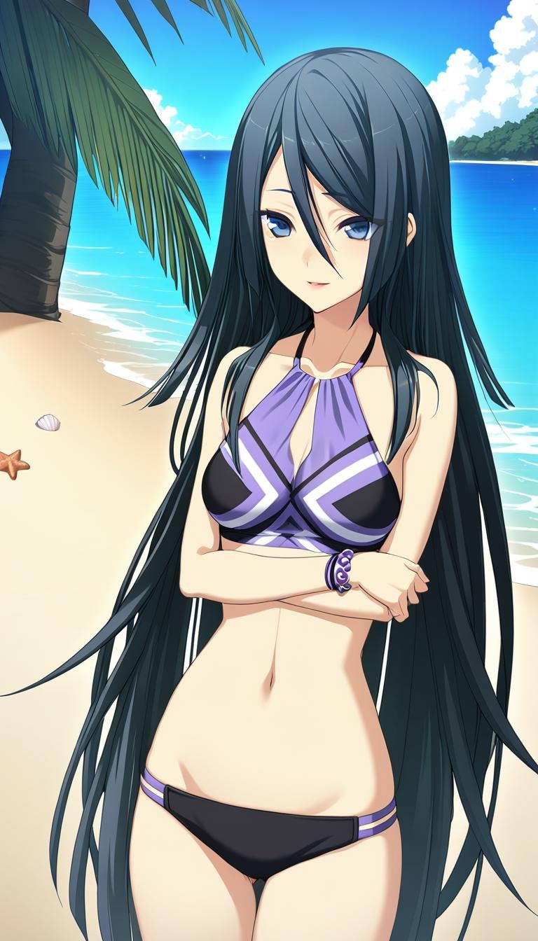 1girl,Himuraki Mizuha,purple and black bikini,purple wristband,purple bracelet,black white and purple cross pattern,black halterneck,masterpiece,best quality,solo,game cg,(illustration:1.2),(extremely fine and beautiful),(perfect details),(unity CG 8K wallpaper:1.05),(ray tracing),(beautiful and clear background:1.25),(depth of field:0.6),(detailed beautiful eyes:1.2),(beautiful face:1.2),<lora:HimurakiMizuhaXL:1>,(beach, palm trees:1.3),beach,clear water,(blue sky, cumulonimbus:1.3),(starfish, seashell:1.2),(island),smile,arms behind back,