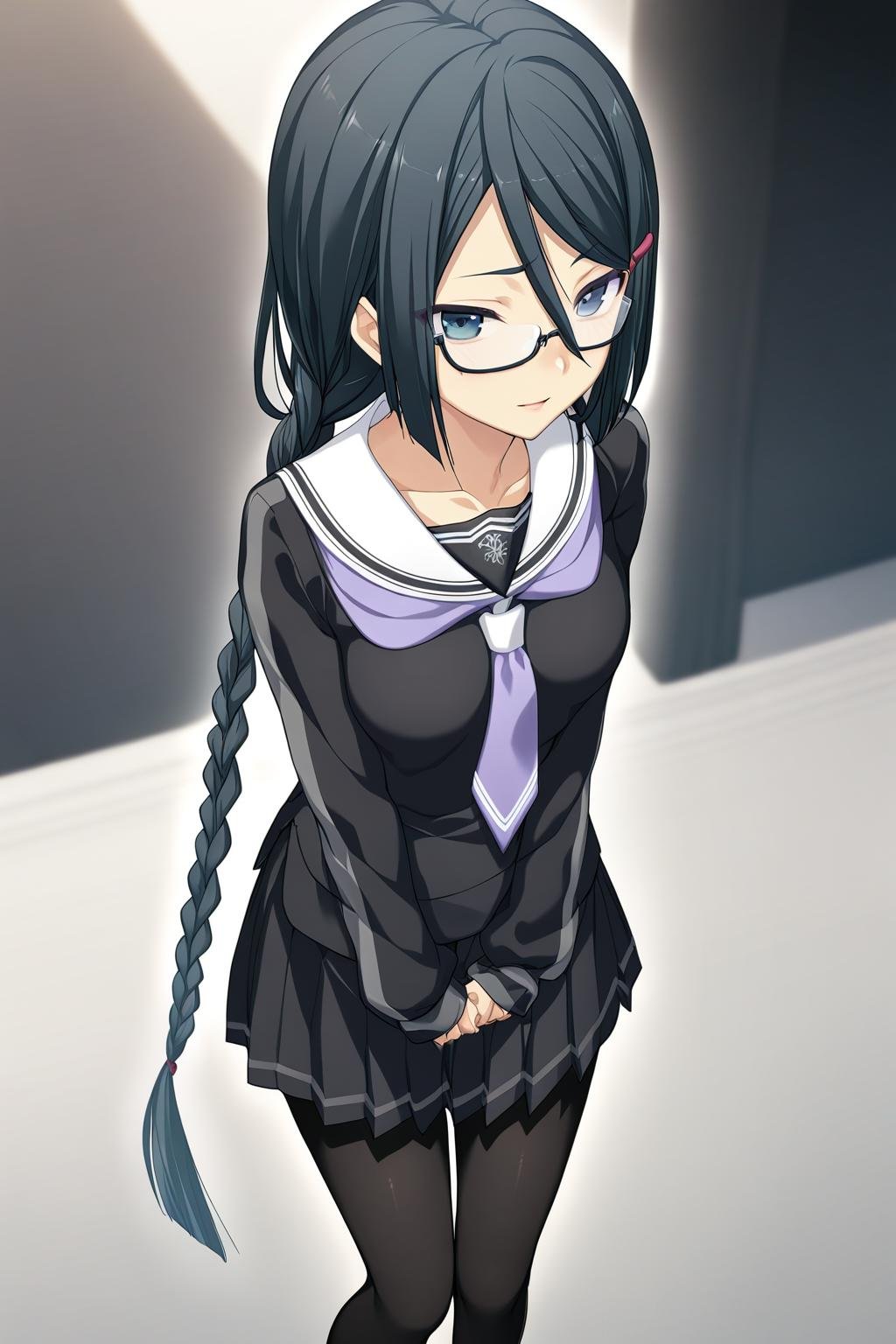 1girl,Himuraki Mizuha,school uniform,black pantyhose,pleated skirt,gray lines on the sleeves,semi-rimless eyewear,gray lines on the skirt,purple tie is decorated with two white stripes,long braid,full body,masterpiece,best quality,solo,game cg,(illustration:1.2),(extremely fine and beautiful),(perfect details),(unity CG 8K wallpaper:1.05),(ray tracing),(depth of field:0.6),(detailed beautiful eyes:1.2),(beautiful face:1.2),<lora:HimurakiMizuhaXL:1>,simple background,white background,close up,looking at viewer,smile,