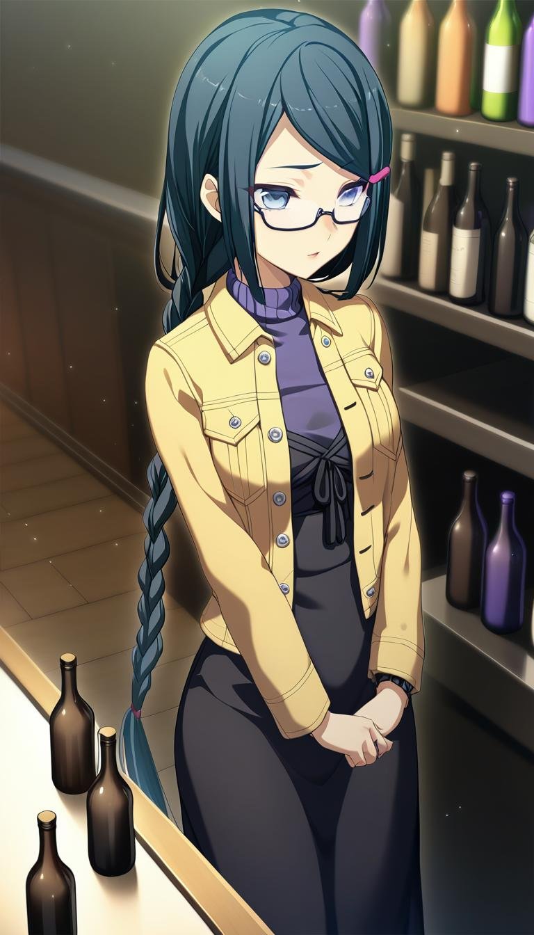 1girl,Himuraki Mizuha,yellow jacket, black long dress, purple turtleneck, black ribbon on the chest, long braid, peach hairclip, semi-rimless eyewear, pocket,masterpiece,best quality,solo,game cg,(illustration:1.2),(extremely fine and beautiful),(perfect details),(unity CG 8K wallpaper:1.05),(ray tracing),(beautiful and clear background:1.25),(depth of field:0.6),(detailed beautiful eyes:1.2),(beautiful face:1.2),<lora:HimurakiMizuhaXL:1>,(in bar),(Various colored bottles lined up on the counter:1.5),(indirect lighting,bottles),(Lounges, dark bars),(Cocktail:1.2),(bar counter:1.3),(luster), 