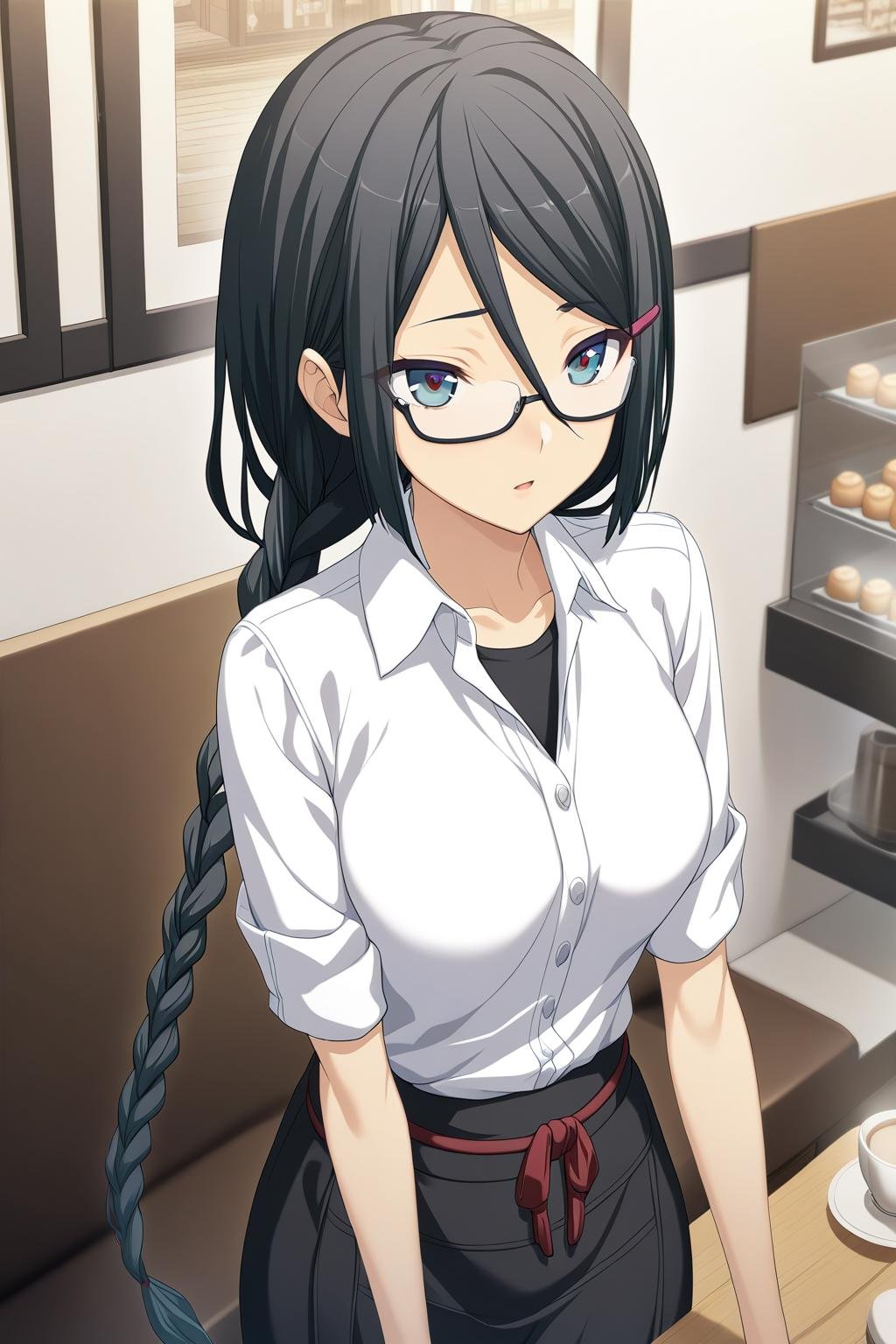 1girl,Himuraki Mizuha,white shirt,long braid,brown shoes,black waist apron with a red ribbon,1peach hairclip,semi-rimless eyewear,masterpiece,best quality,solo,game cg,(illustration:1.2),(extremely fine and beautiful),(perfect details),(unity CG 8K wallpaper:1.05),(ray tracing),(beautiful and clear background:1.25),(depth of field:0.6),(detailed beautiful eyes:1.2),(beautiful face:1.2),<lora:HimurakiMizuhaXL:1>,cafe,