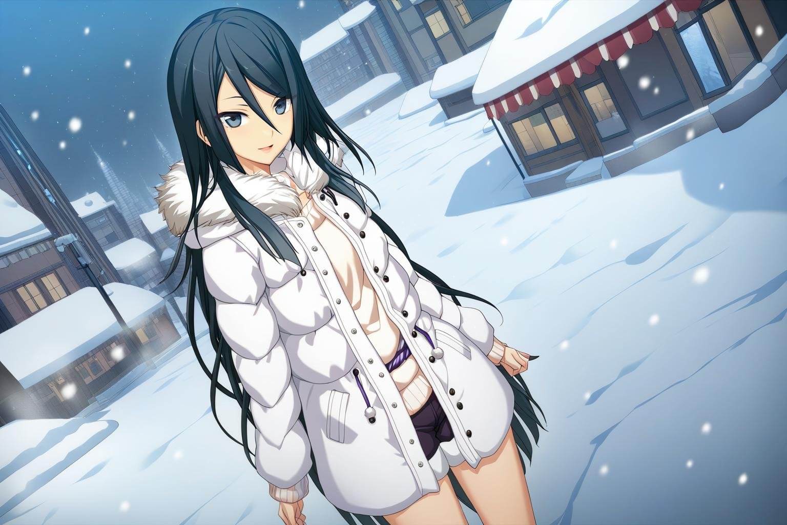 1girl,Himuraki Mizuha,white fur-trimmed coat,white sweater,open coat,purple ribbon belt,black shorts,masterpiece,best quality,solo,game cg,(illustration:1.2),(extremely fine and beautiful),(perfect details),(unity CG 8K wallpaper:1.05),(ray tracing),(beautiful and clear background:1.25),(depth of field:0.6),(detailed beautiful eyes:1.4),(beautiful face:1.2),<lora:HimurakiMizuhaXL:1>,(town, snow, snow city, snowing:1.5),(residential area, street corner:1.3),(outdoors),smile,