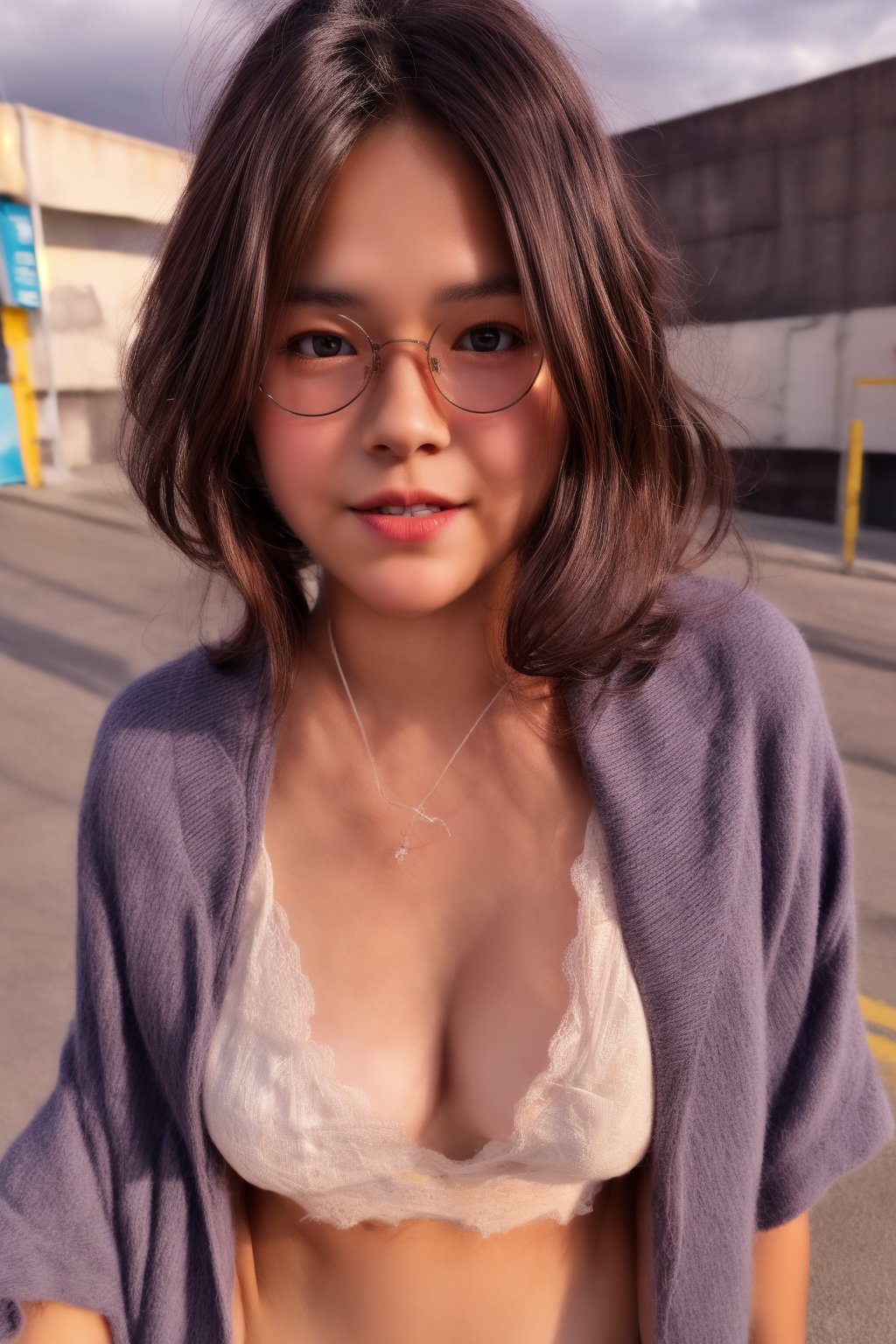 1 nude girl,(RAW photo, best quality), (realistic, photo-realistic:1.4), masterpiece, an extremely delicate and beautiful, extremely detailed, 2k wallpaper, Amazing, finely detail, extremely detailed CG unity 8k wallpaper, ultra-detailed, highres, soft light, beautiful detailed nude girl, extremely detailed eyes and face, wearing glasses, Her lips are subtly parted as she looks directly at the viewer, megane, beautiful detailed nose, beautiful detailed eyes,cinematic lighting,perfect anatomy, detailed breast, dynamic pose, Each figure stands against an urban backdrop, suggesting a street fashion scene. The overall style is characterized by a bright, colorful aesthetic with a whimsical, youthful vibe, reflecting the unique Fairy Kei subculture. 64k, HDR, highly detailed, ultra sharp. ,hannilorashy