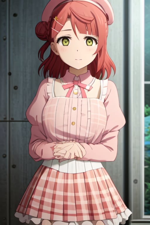 
love live!, love live! nijigasaki high school idol club, uehara ayumu, 1girl, :t, alternate costume, beret, blunt bangs, blush, braid, braided bun, fidgeting, hair bun, hat, high-waist skirt, looking at viewer, medium hair, orange hair, pink headwear, pink shirt, plaid, plaid headwear, red hair, shirt, single side bun, skirt, solo, swept bangs, white sleeves, yellow eyes