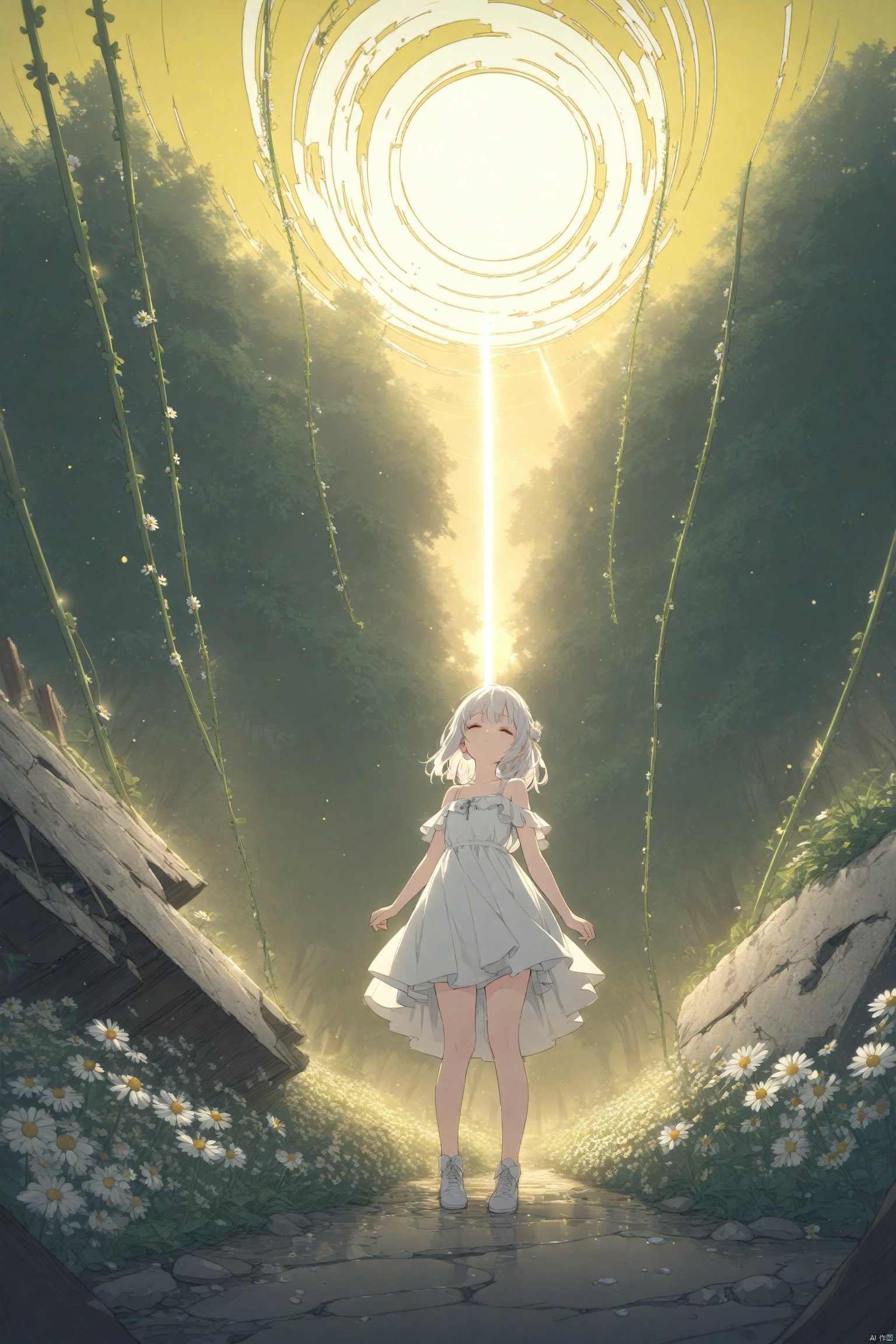 (masterpiece),(best quality),illustration,ultra detailed,hdr,Depth of field,(colorful),loli,yellow theme,the setting sun,Chamomile,Chamomile,cornflower,vines,forest,ruins,lens flare,hdr,Tyndall effect,damp,wet,1girl,bare shoulders,broken glass,broken wall,white hair,white dress,closed mouth,constel lation,flat color,braid,blinking,white robe,float,closed mouth,constel lation,flat color,looking up,standing,medium hair,standing,solo<lora:EMS-266888-EMS:0.200000>, <lora:EMS-288516-EMS:0.100000>, <lora:EMS-300688-EMS:0.200000>, <lora:EMS-301024-EMS:0.100000>, <lora:EMS-311400-EMS:0.400000>, <lora:EMS-312802-EMS:0.200000>