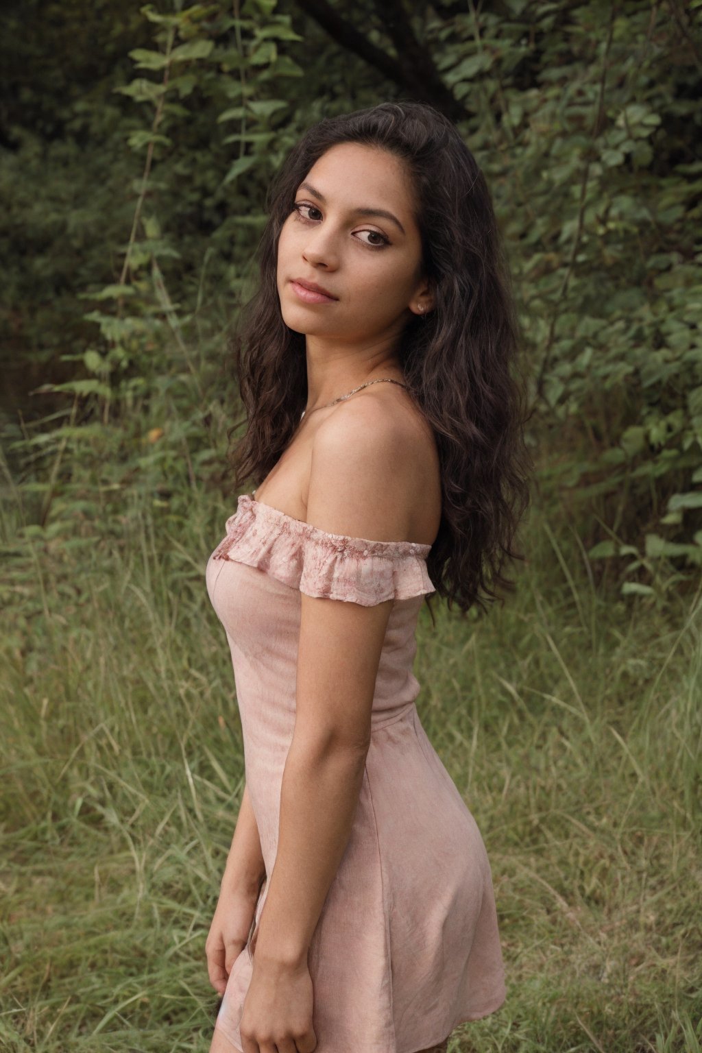 1girl, solo, yellow eyes,  full body, (masterpiece:1.3), (best quality:1.2), colorful, (illustration:1.2), (cinematic lighting:1.1), (bare shoulders:1.2), (collarbone:1.2), in this whimsical A beautiful and dreamlike garden, the scene is illuminated by a rainbow (colorful fireflies) dancing in the air. Pastel (drizzle) adorns the garden, creating a hazy and ethereal atmosphere. In the center of the picture, stands a single girl, an extremely beautiful girl, with lovely facial features and an innocent expression. Her long hair fluttered in the wind. She wore a low-cut strapless dress that accentuated her curves. The lighting is very delicate and beautiful, creating a soft warm glow that accentuates the water and makes it sparkle like a diamond. The finest grasses are also illuminated to create a lush carpet. The garden is surrounded by colorful flower fields with flowers of all colors and shapes. Various colors and sizes (coloured butterflies) can be seen flying around the scene, adding to the overall sense of wonder and magic. (Everyone, judges), a blush can be seen on the bridge of the nose, and the mouth is slightly opened, which adds to the overall sense of innocence and youth. Falling petals can be seen waving around her, adding to the overall sense of romance and beauty. The breeze is blowing, the leaves are rustling, and the flowers are swaying, adding to the overall dynamism and vitality. It is a scene of pure wonder and magic, full of color and beauty, where the viewer can lose themselves in this enchanting and captivating world.leonardo,style,Shiny_skin,renaissance,yellow eyes,SD 1.5