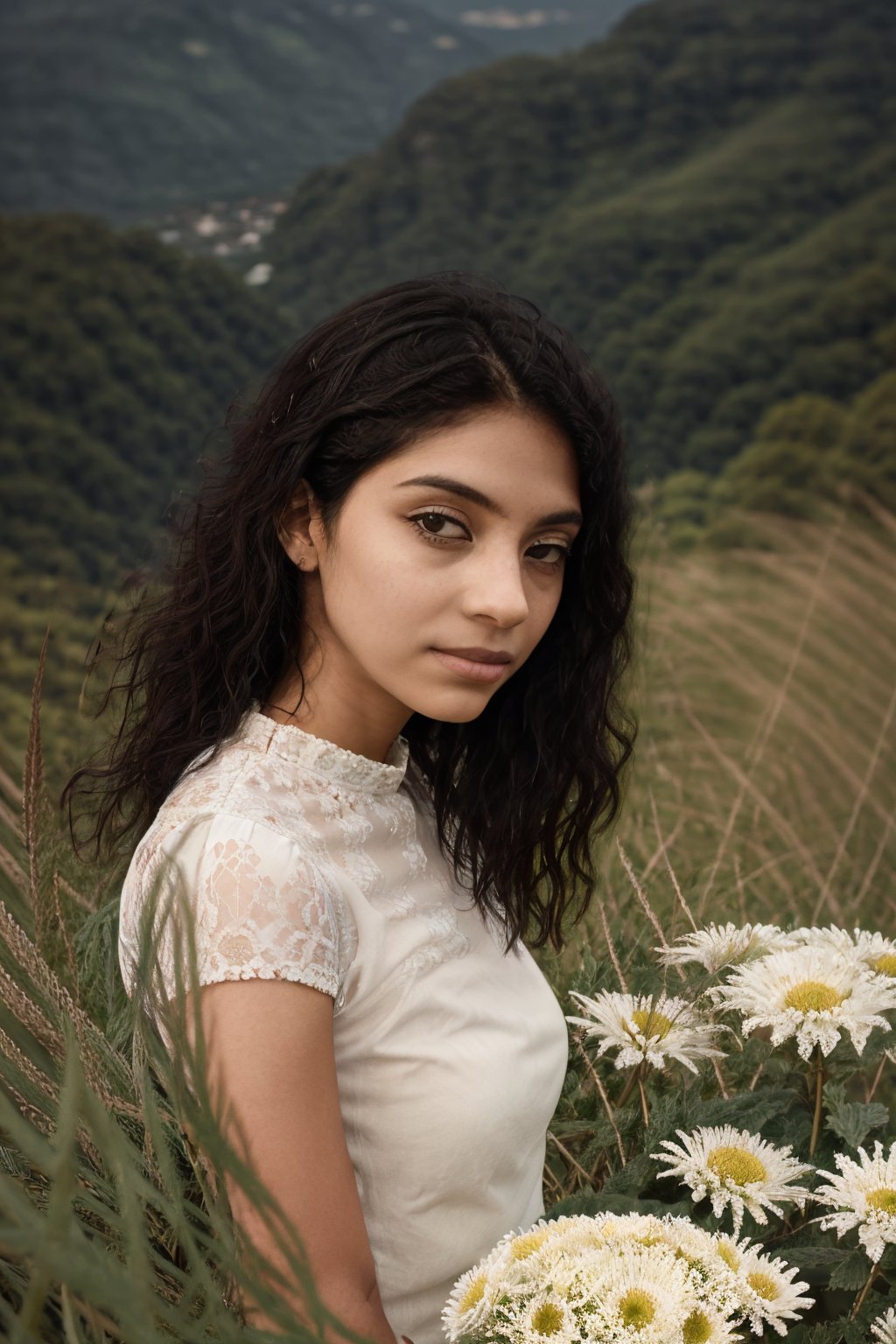 Captured through the meticulous lens of a Canon EOS 5D Mark IV, this photograph embodies the serene beauty of a young woman beside a field of white chrysanthemums. Utilizing a 50mm f/1.8 lens, the image is bathed in the soft, natural light of the golden hour, enhancing the ethereal atmosphere. The composition is thoughtfully arranged, with the subject positioned slightly off-center, allowing the vast, vibrant field of flowers to envelop her, creating a harmonious balance between human and nature. Shot from a low angle, the perspective elevates the woman, giving a sense of unity and prominence amidst the delicate blooms. The color palette is dominated by the pure whites of the chrysanthemums, contrasted against the subtle greens of their stems, and the warm tones of the subject's attire, creating a soothing, yet captivating visual experience.,1girl,photorealistic,yellow eyes