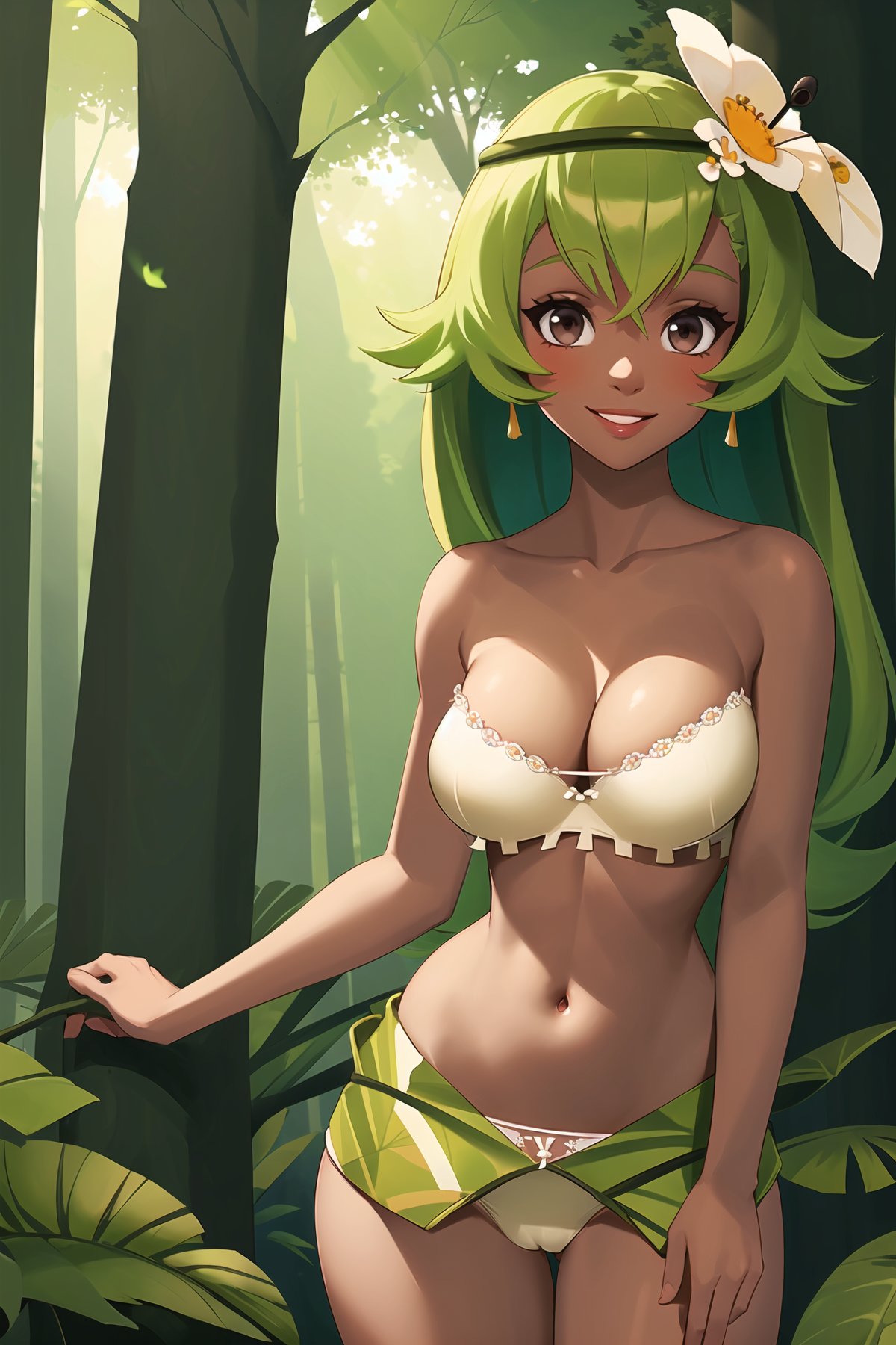 4M4L14, 1girl, masterpiece, hires, extremely detailed, (realistic:0.5), (colorfull), (HD), (wallpaper), (4k), green hair, midriff, flower, dark-skinned female, dark skin, long hair, hair ornament, brown eyes, hair flower, navel, bare shoulders, smile, (only bra:1.2), (plant bra:1.2), (underboob:1.2), (high leg panties:1.2), (glowing forest background:1.3), (tree), (glowing bugs), (beautifull background), <lora:AmaliaWakfu:1>